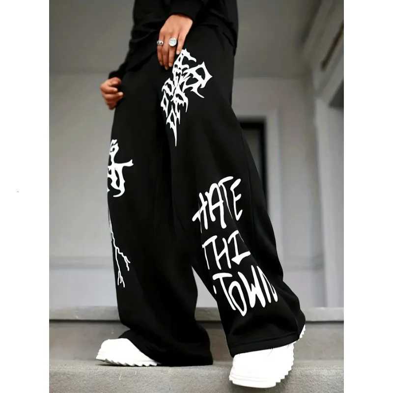 Men's Pants 2026 New Summer American Graphic Baggy Pants Men's Black Gothic Print Wide Leg Fast Dry Sweatpants Y2K Streetwear Trousers D2609 - view 3