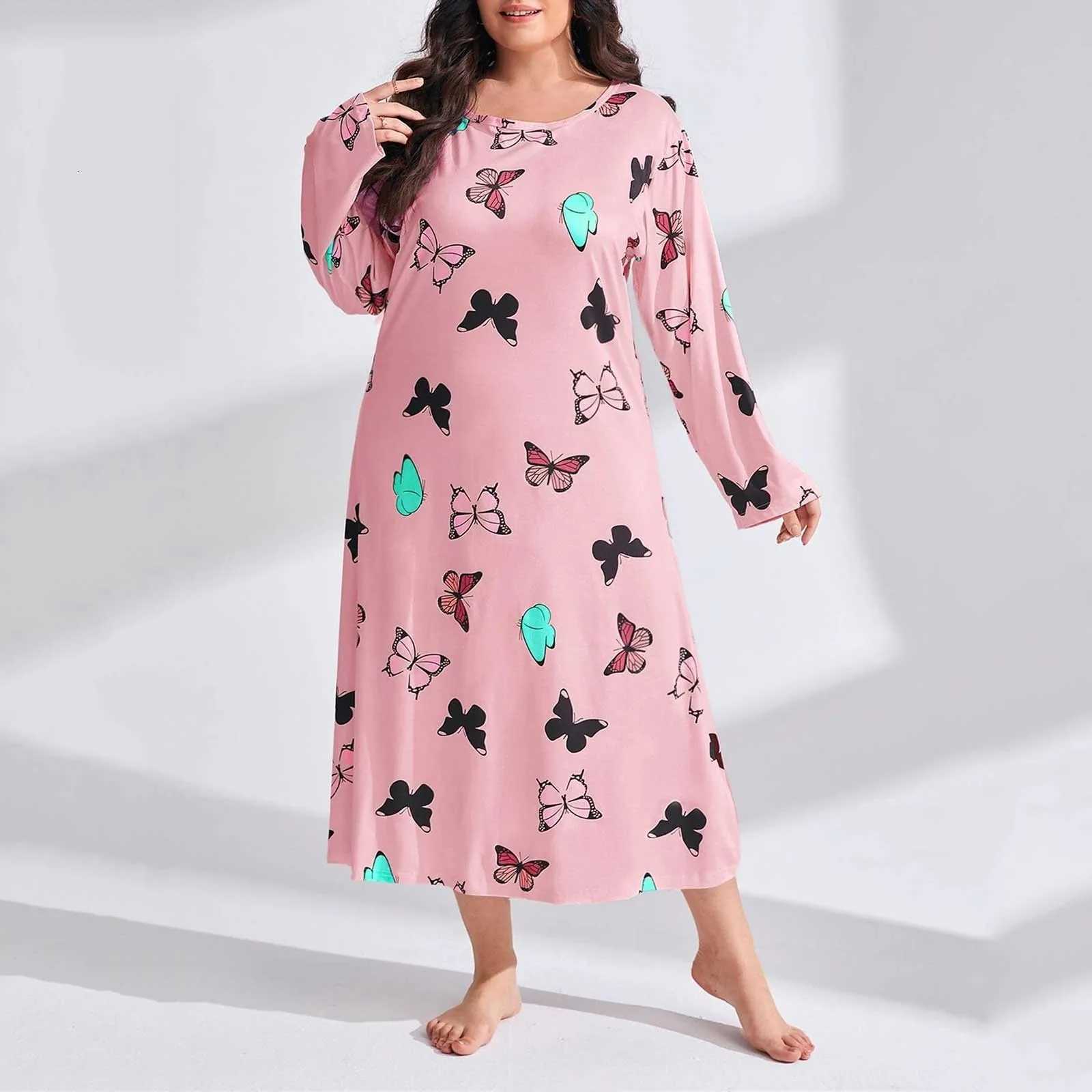 Lounge Women's Sleep Knitted Cotton Women Plus Size Lingere Nightgown Loose Nightdress Long Sleeve Night Gown Cute Cartoon Home Dress Sexy Sleepw