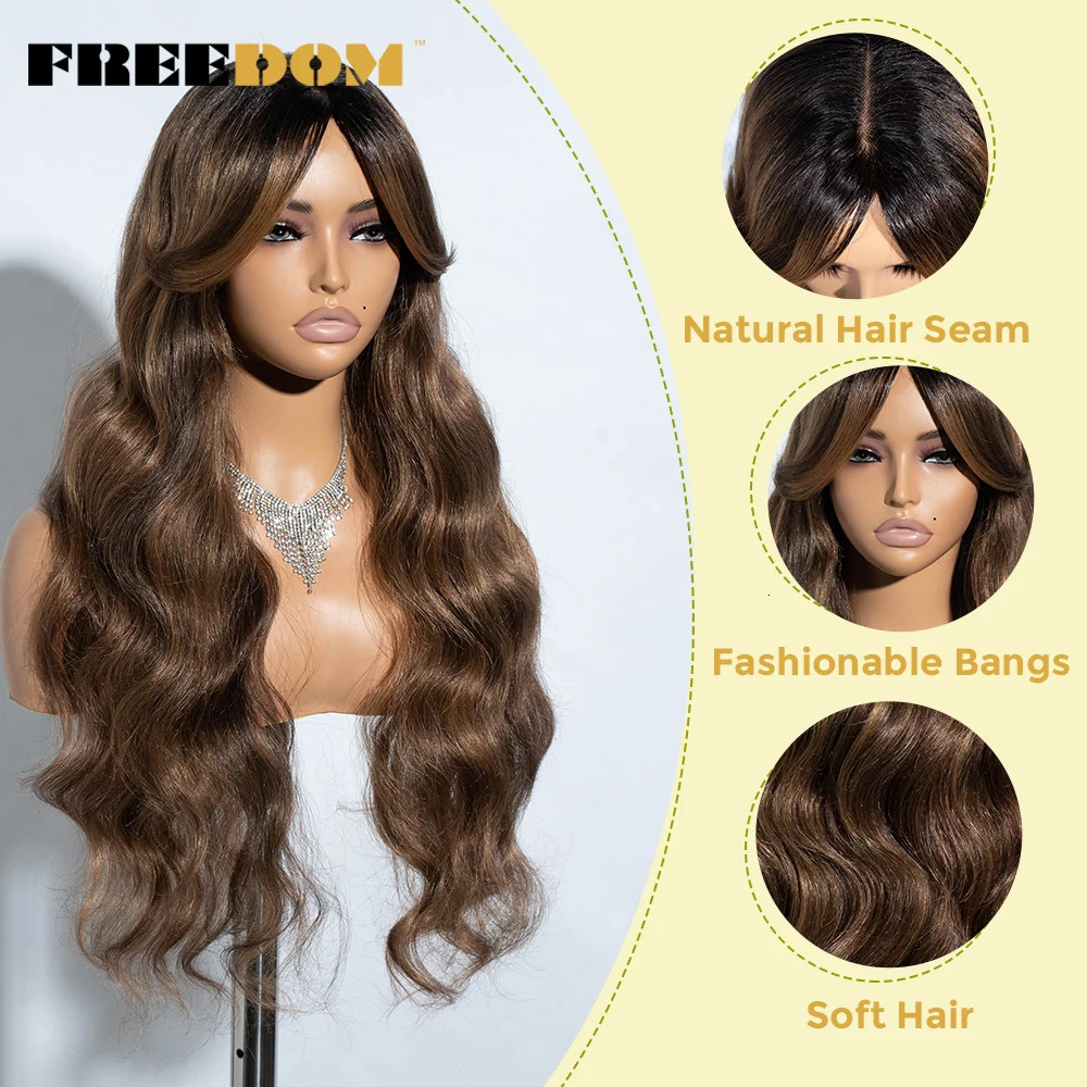 FREEDOM Synthetic Lace Wigs For Black Women 28inch Long Body Wave Middle Part Lace Wig With Bangs Ombre Blonde Brown Cosplay Wig 260922 - view 3