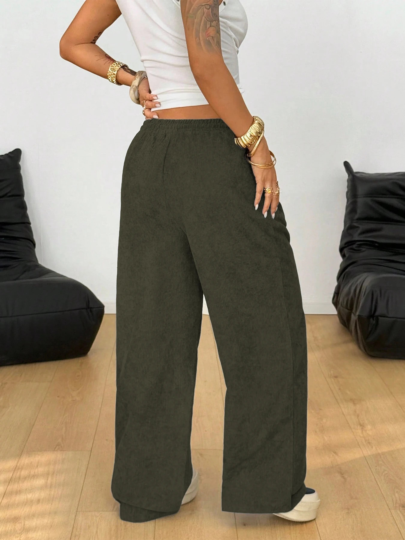 Womens Retro Corduroy Cargo Pants Casual Drawstring Straight Sports Pants Drape Daily Commuting Wide Leg Pants 260924 - view 5