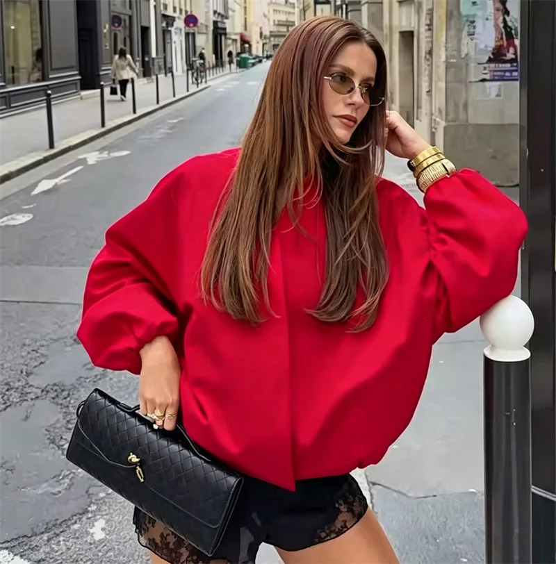 2026 Womens Red VNeck CrossFront Cropped Flight Jacket Stand Collar LongSleeve Loose Top 260928 - view 4