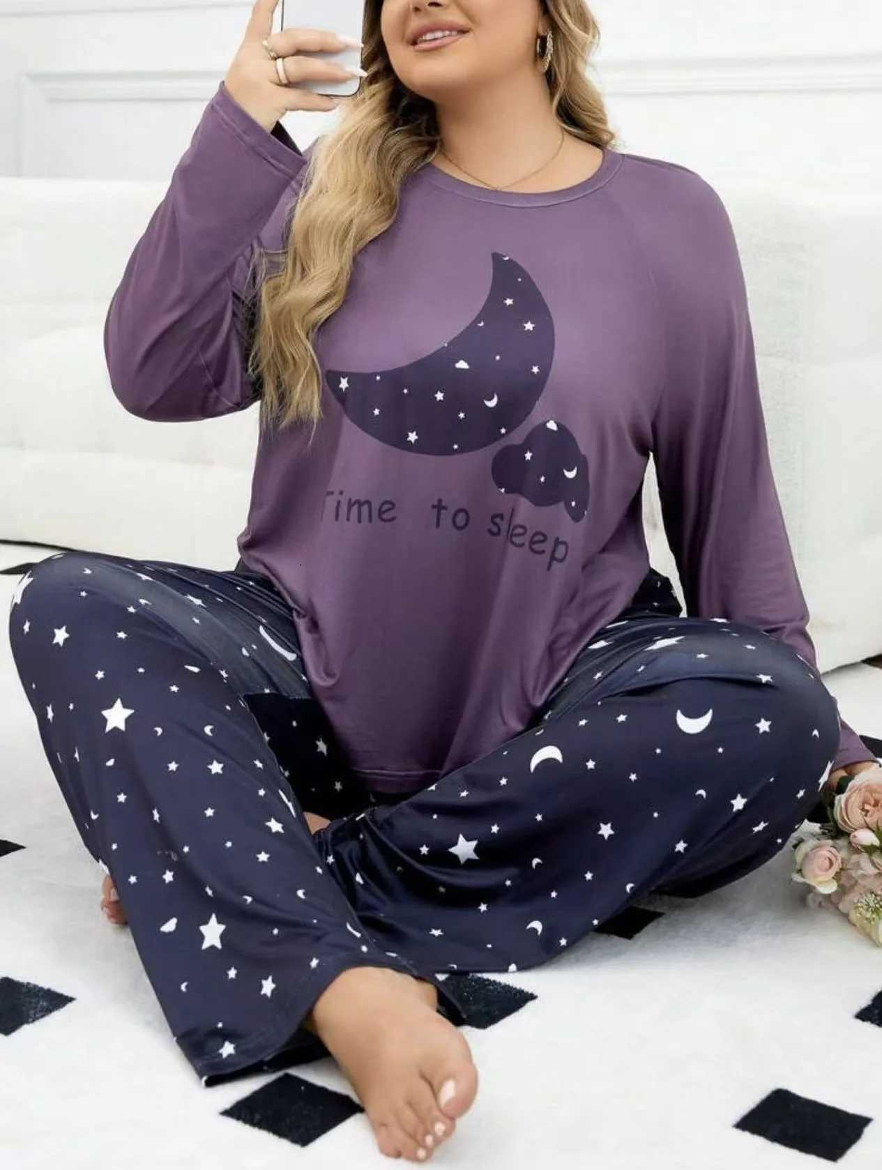 Women's Sleep Lounge Fashionable Plus Size Women's Heart Print Pajama Set Long Sleeve Tops And Soft Elastic Pants Perfect For Summer Loungew - view 5