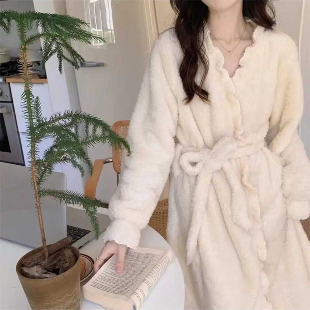 Lounge Women's Sleep Long Sleeves Coral Fleece Sleepwear Ruffle Sweet Winter Flannel Night-robe Home Wear Thicken Warm Pajamas Robe Women Sleepwe - view 5