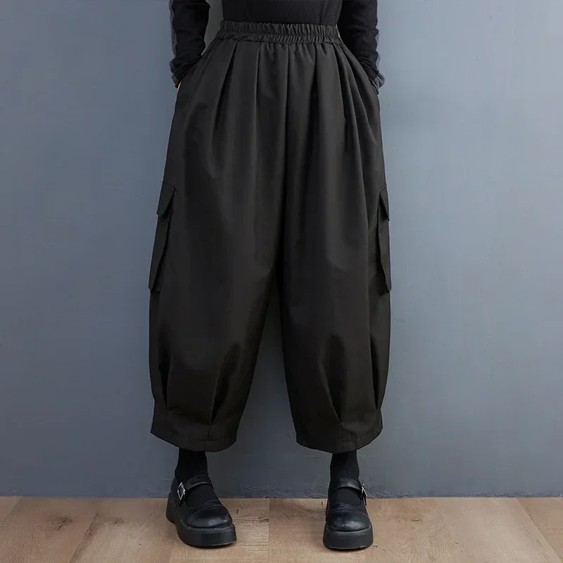 Spring Summer Black Vintage High Elastic Waist Oversized Cargo Pants Women Loose Casual Pocket Fashion Ladies Trousers 260928 - view 3