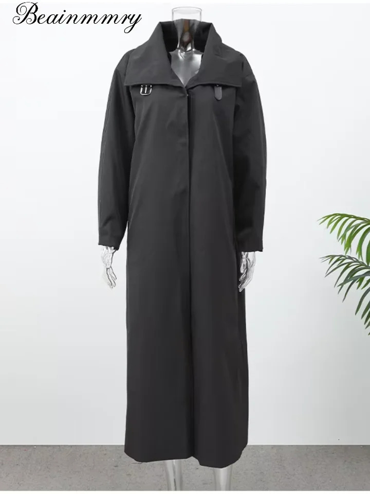 Women Black Long Solid Color Trench Coat Stand Collar Loose Drop Shoulder Single-breasted Windbreaker Lady Commute Outing Wear 260924 - view 5