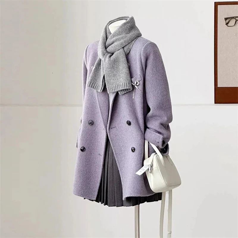 Women's Double-faced Woolen Coat Spring Autumn Suit Collar Double Breasted Long Sleeve Temperament Commuting Purple Jacket 260922 - view 4