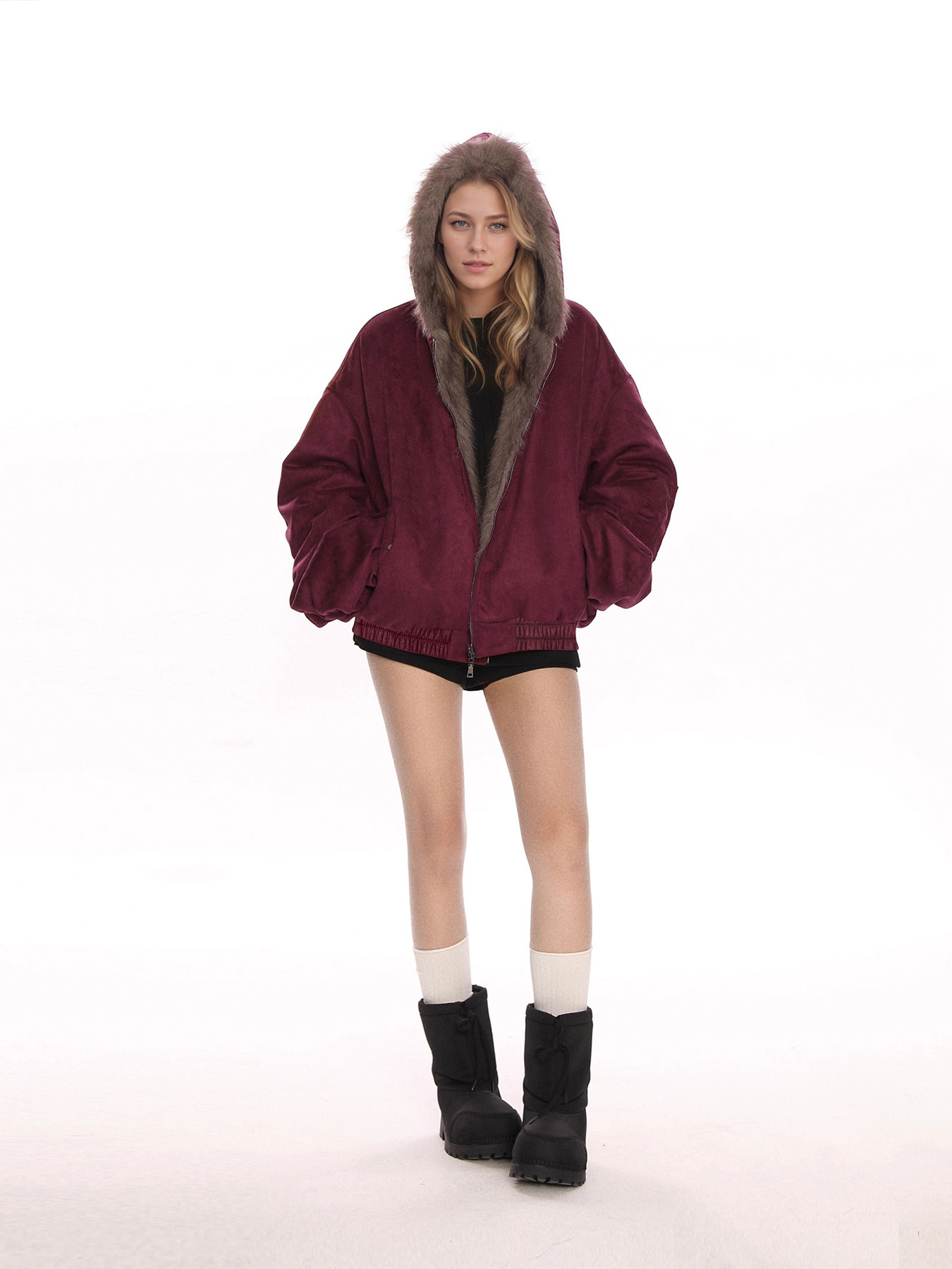 European and American cross-border e-commerce bestseller: ice-blue dyed, pointed-toe, mountain-style suede hooded reversible faux fur jacket for women - view 4