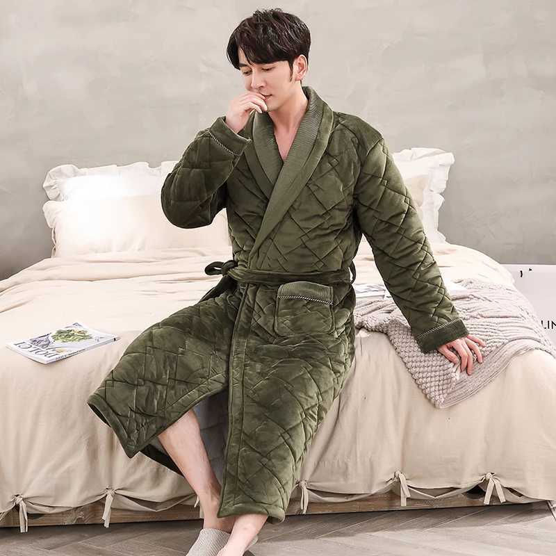 Sleep Lounge Women's Men Casual Kimono Bathrobe Winter Three Layers Flannel Quilted Long Robe Thick Warm Sleepwear Big Yards Nightgown Male Home  - view 6
