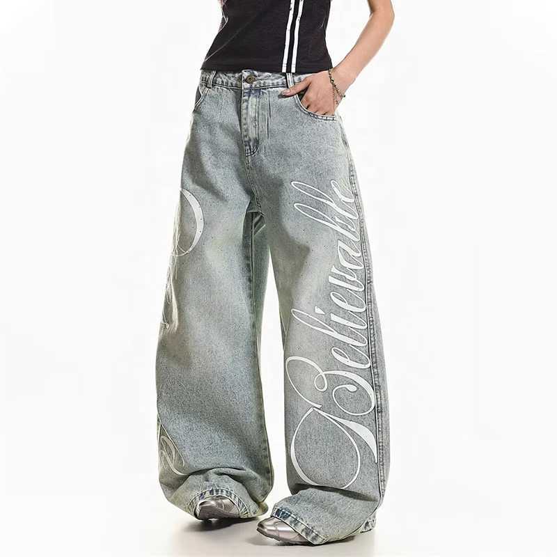 Men's Jeans Hip Hop Fashion Straight Wide Leg Denim Trousers For Men Letter Printed Blue Baggy Y2K Jeans 2026 New Casual Streetwear Jean H260924 - view 4