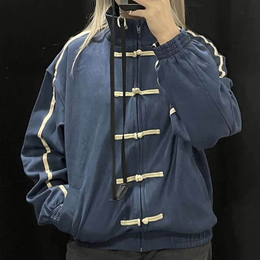 Women Chinese Style Retro Aesthetic Jackets Stand Collar Button Comfortable Casual Long Sleeve Sweatshirts Bomber Jackets 260922