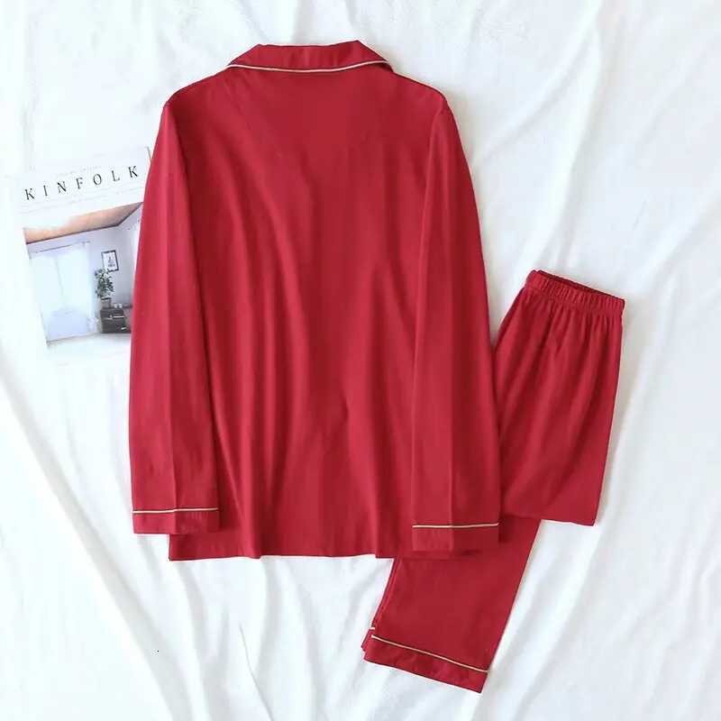 Women's Sleep Lounge New Spring And Autumn Couple Knit Pajamas Long-sleeved Trousers Two-piece 100% Cotton Red Men's And Women's Home S - view 3