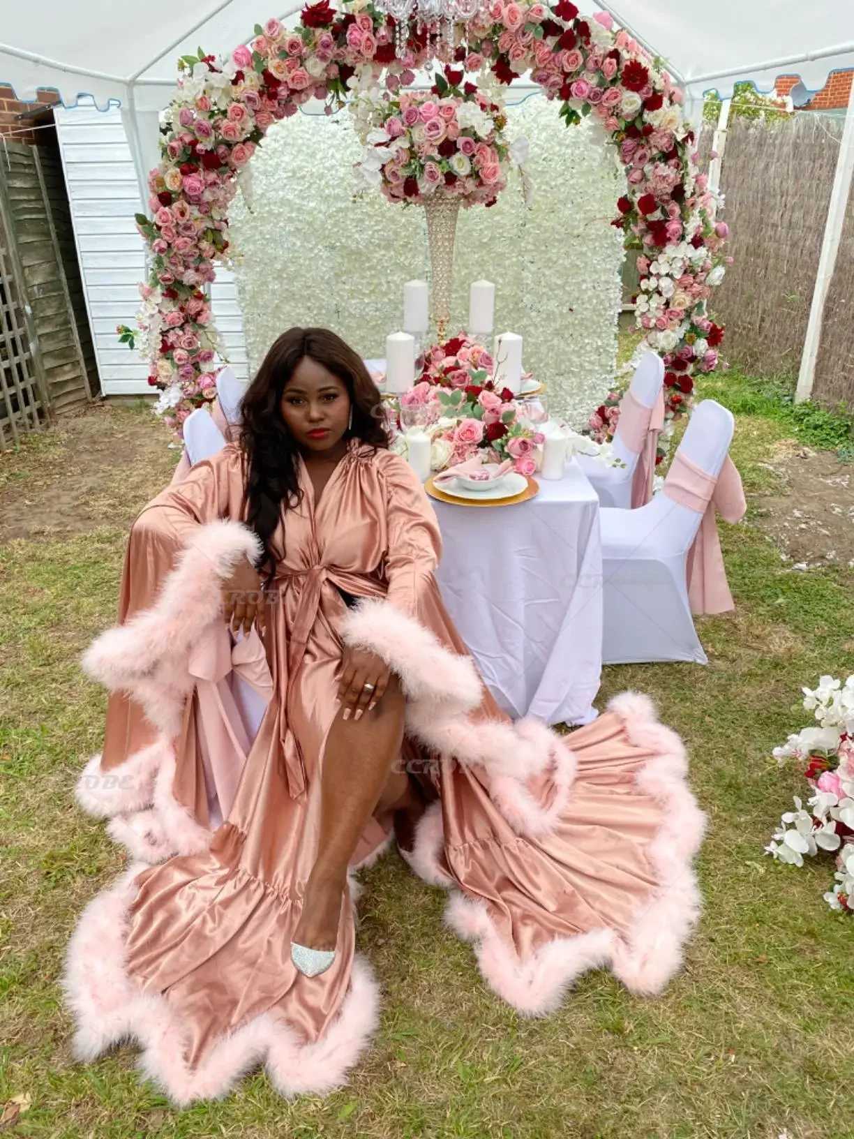 Lounge Women's Sleep Bathrobe for Women Lingerie Flare Sleeves Bridal Feather Robe Silk Satin Luxury Long Wedding Dressing Gown Maternity DressC2 - view 3