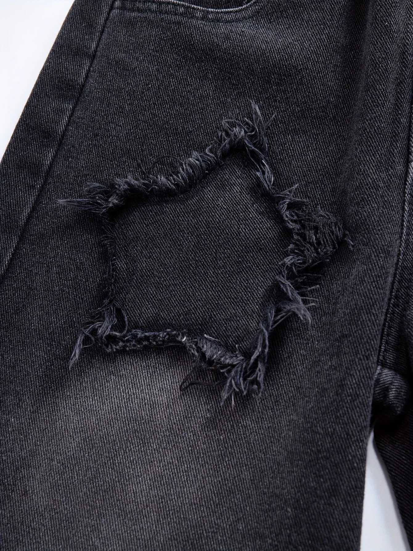 Men's Jeans Y2K Washed Fabric Five-Star Pattern Patchwork Denim Straight-Leg Pants Versatile Trendy All-Seasons.Full elastic waistband H260924 - view 4