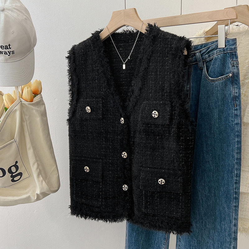 Women's Knitted Vest Pure Color Frayed Slimming Versatile Top Spring Autumn Small Fragrance Style Workwear Outerwear