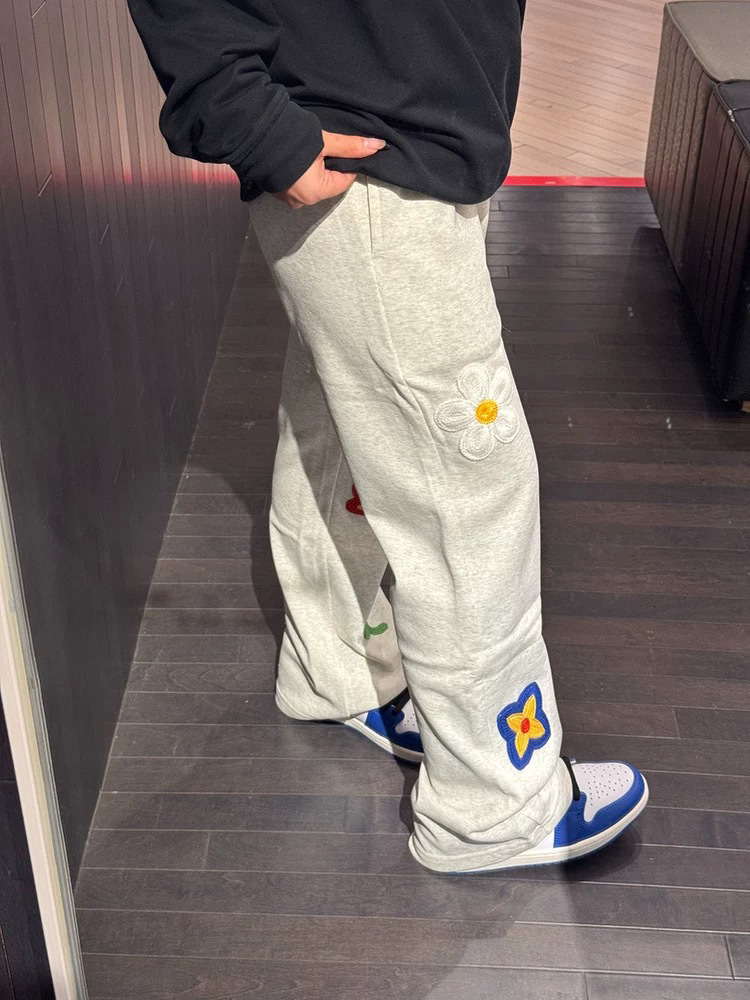 American floral embroidery curved hem sports pants, men's loose casual sports pants, slim fit micro flared sports pants, casual pants straight le - view 5