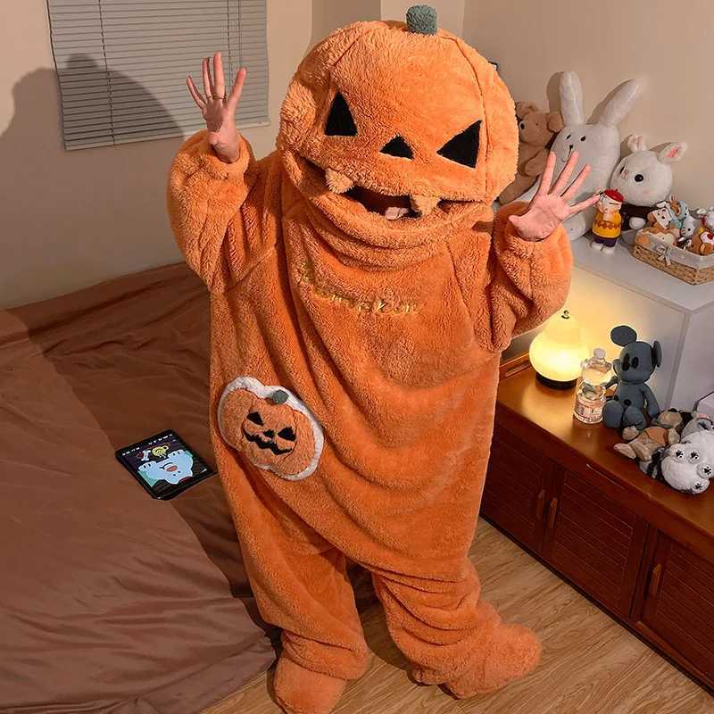 Sleep Lounge Women's Halloween Funny Pumpkin Pajamas One-piece Cral Fleece Thick and Warm Home Wear Autumn Winter for WomenC260924