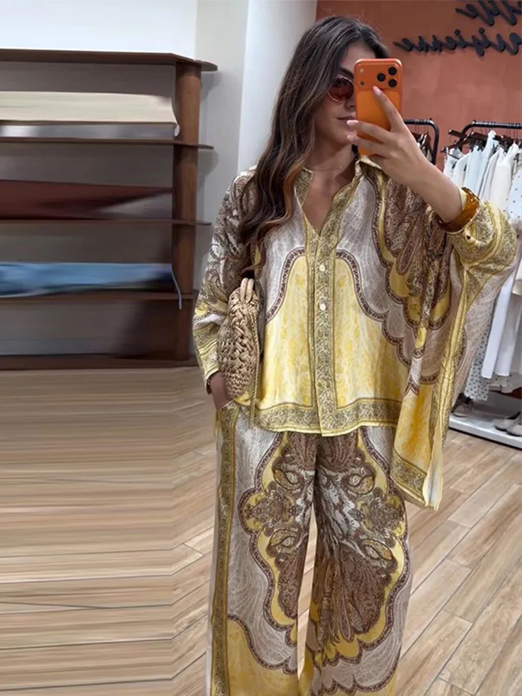 Paisley Print 2 Piece Set Batwing Long Sleeve Collared Button Down Blouse High Waist Wide Leg Trousers 2026 Summer Fashion Suit 260923 - view 5