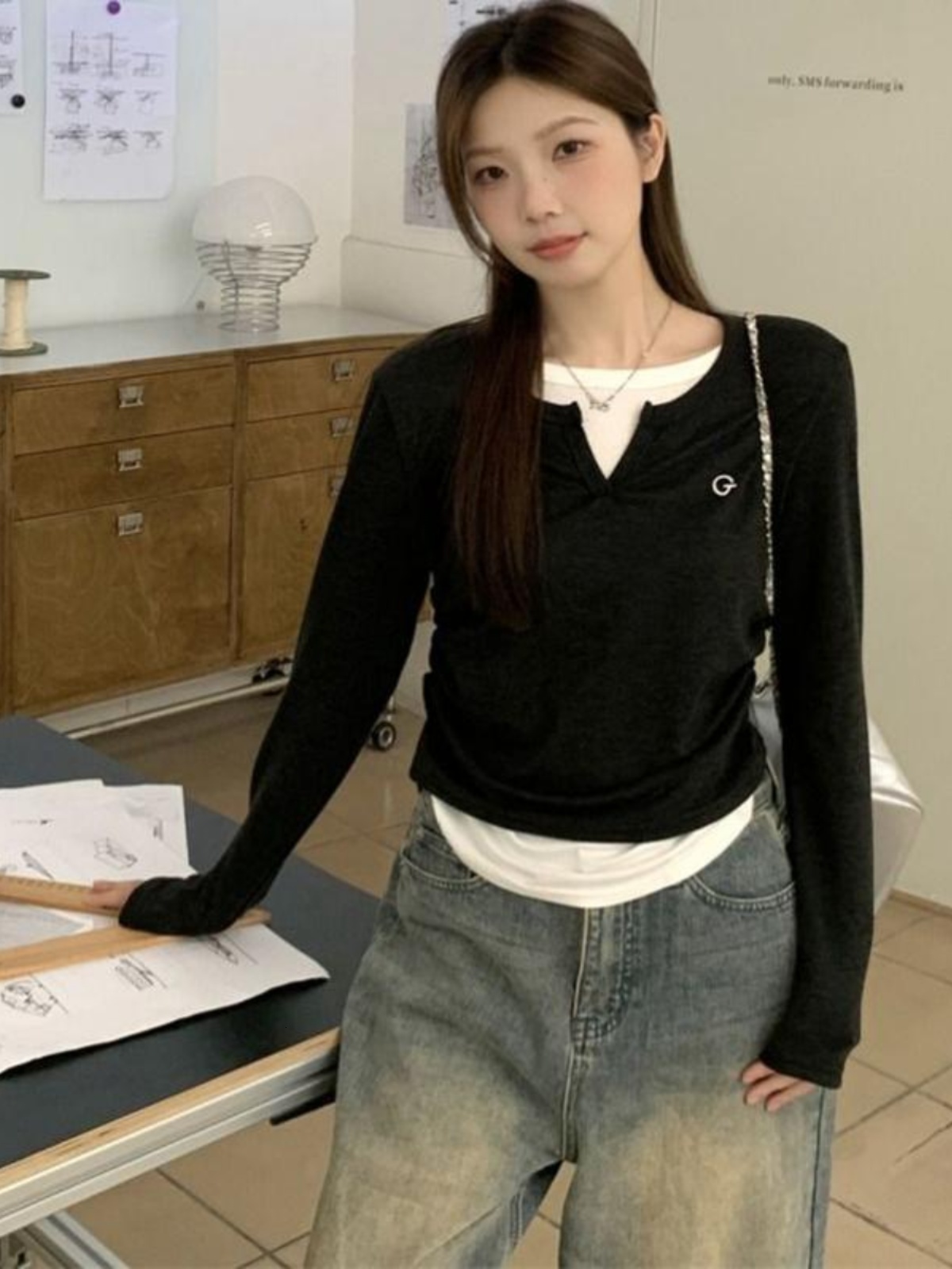 Women's Long Sleeve T-Shirt Inner Wear Slim Fit Base Shirt Spring Autumn High Sensation Commute Style Korean Version V-neck - view 6