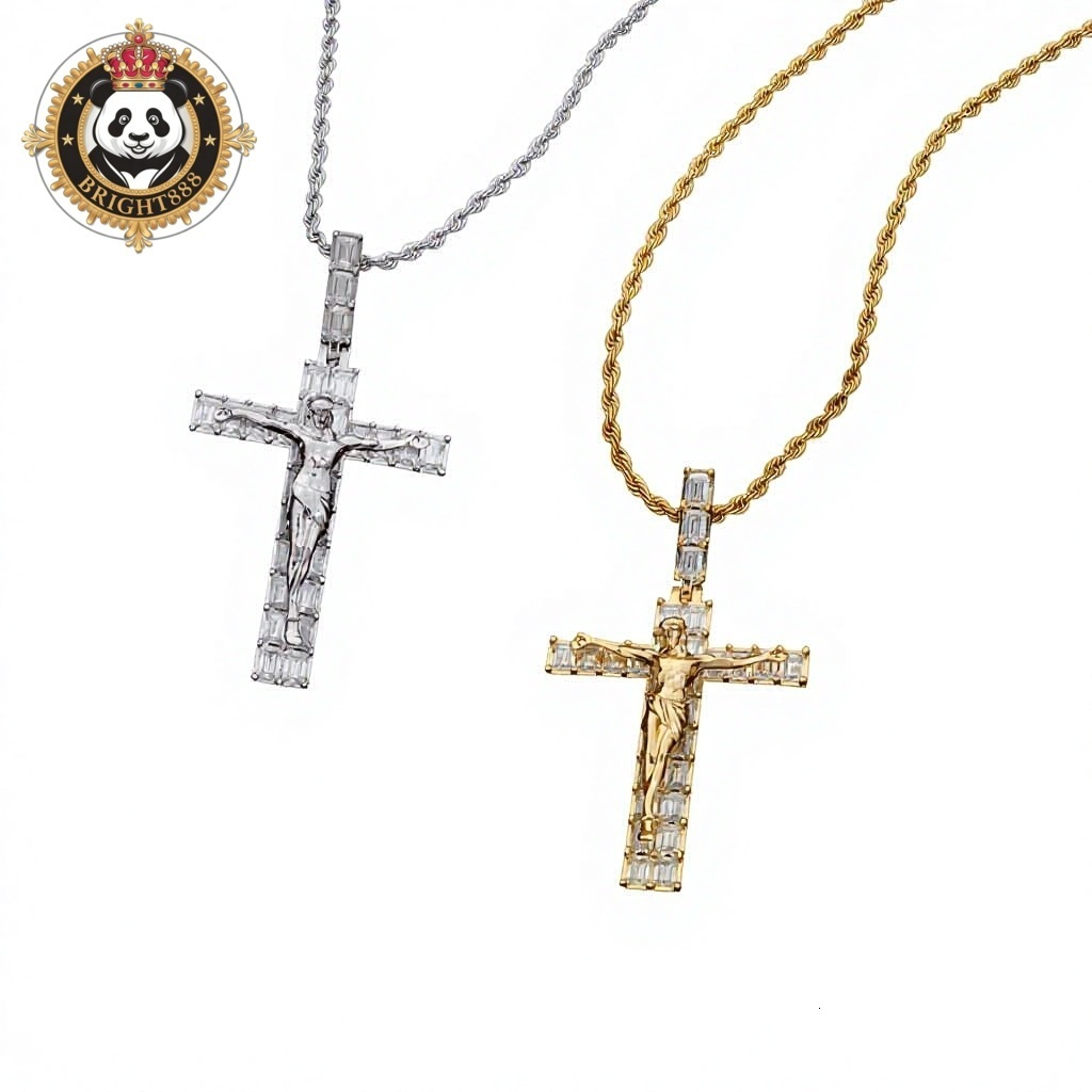 Cross Pendant with Moissanite Retro Street-Style Trendy Bamboo Chain Necklace for Men Customizable Hip-Hop Gift Jewelry