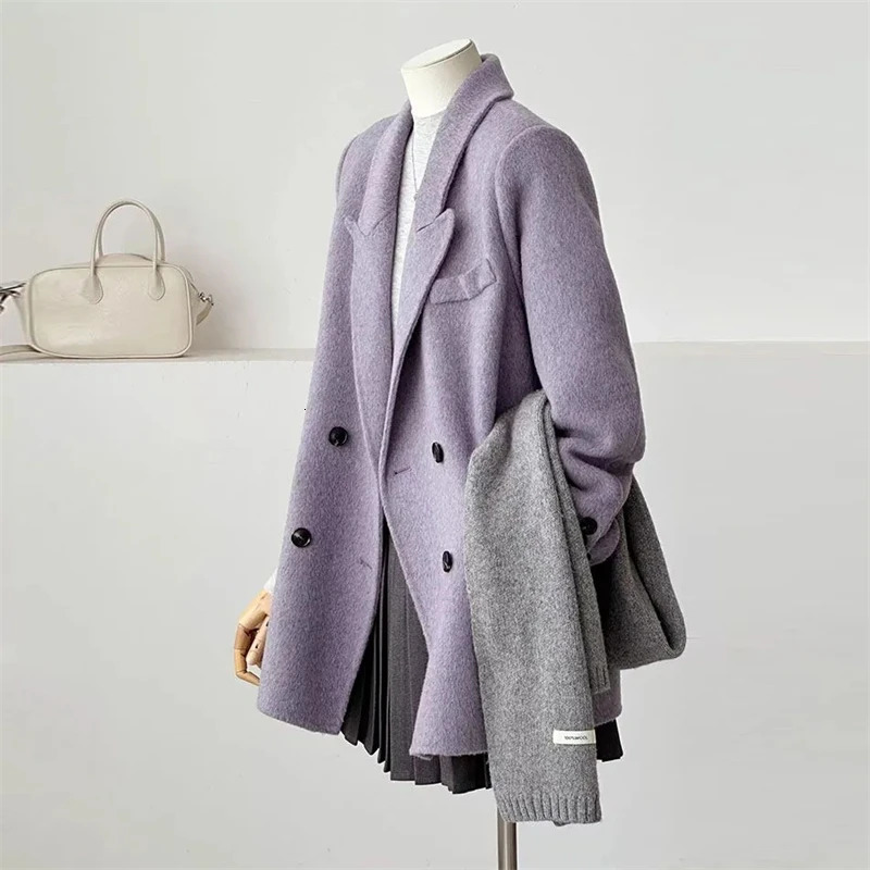 Women's Double-faced Woolen Coat Spring Autumn Suit Collar Double Breasted Long Sleeve Temperament Commuting Purple Jacket 260922 - view 3