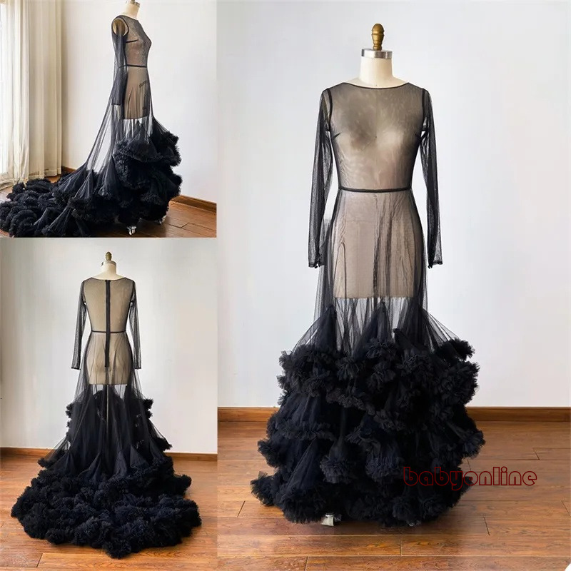 Illusion Bridal Sleepwear Soft Tulle Jewel Long Sleeves Ruffles Tiered Custom Made Wedding Robes Nightgown Sweep Train