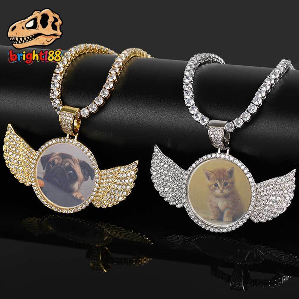 Hip-hop Necklace 18K Gold Plated Iced Moissanite Bling Wing Photo Blank Pendant Link Chain for Parties Dropshipping