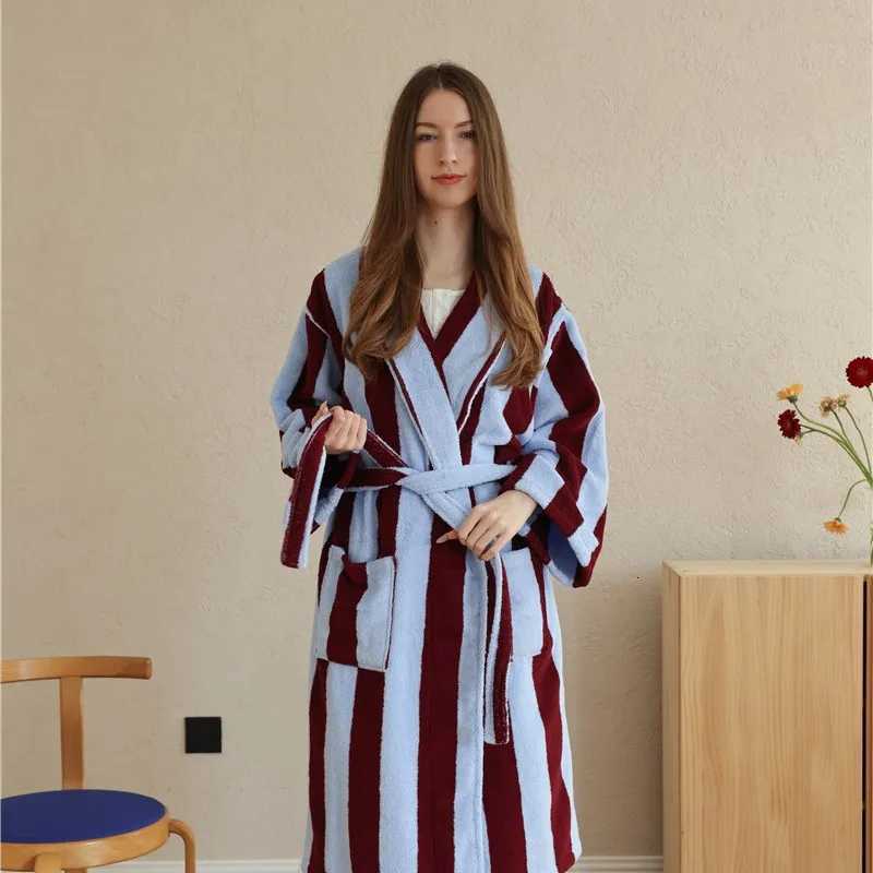 Lounge Women's Sleep Cute Striped Cotton Bathrobe Super Soft Absortion Hooded Loose bath Robe Coat Towel V Neck warm Sleepwear Robes Women Homewe - view 4
