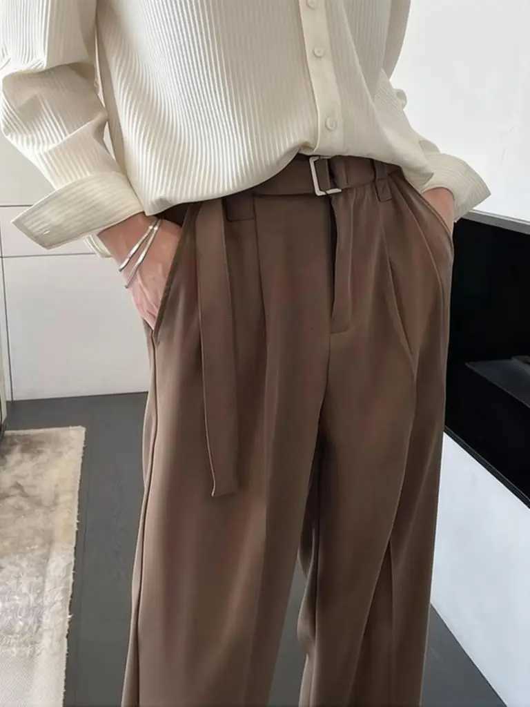 Men's Pants Brown Korean Wide leg Casual Pants With Belted Men Streetwear Oversize Baggy Pants Harajuku Cool Black Work wear Suit Pants D260924 - view 4