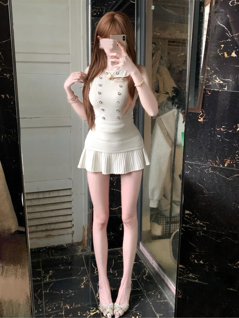 Sexy Slim Fit Vest Top Women's High Waist Pleated Short Skirt Sleeveless Button Knitted Set Fashionable Casual Work Outfit