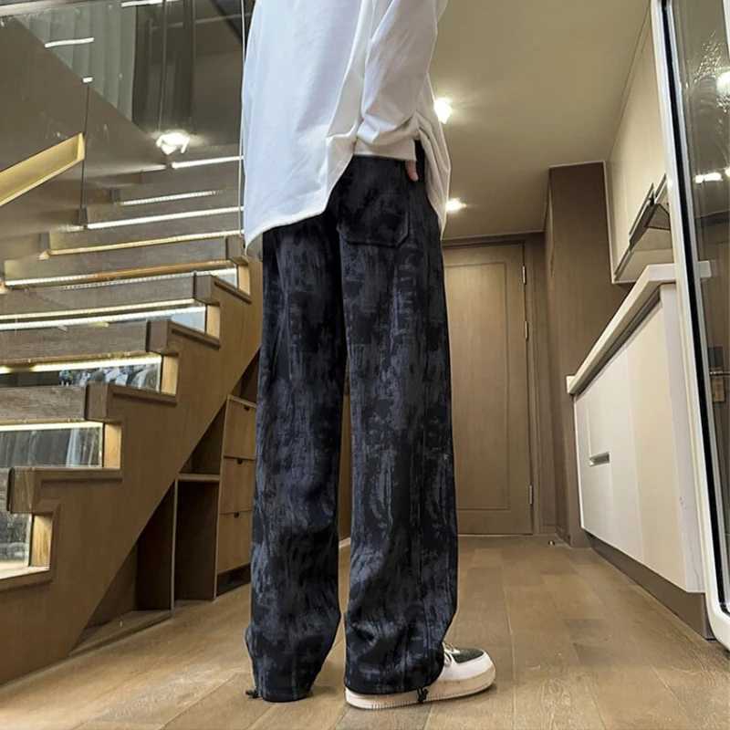 Men's Jeans Summer Men's Tie-dye Corduroy Straight-leg Pants Hip Hop Fashion Drawstring Baggy Trousers New Y2K Streetwear Gym Sweatpants H26 - view 3