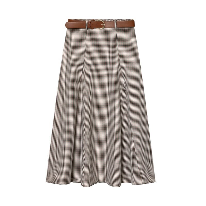 Winter New Women's Checkered Midi with Belt Half-length Cowl Neck Design Commute Style High Waist Loose Fit A-Line Skirt - view 3
