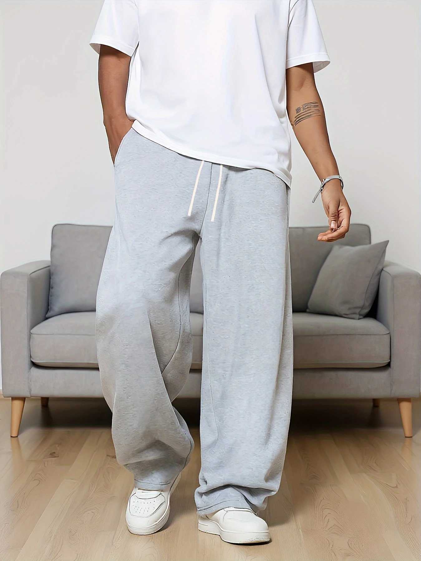 Men's Pants Men's Solid Color Casual Pants Featuring A Relaxed Straight-leg Design with A dr1 Waist and Side Pockets D260924 - view 3