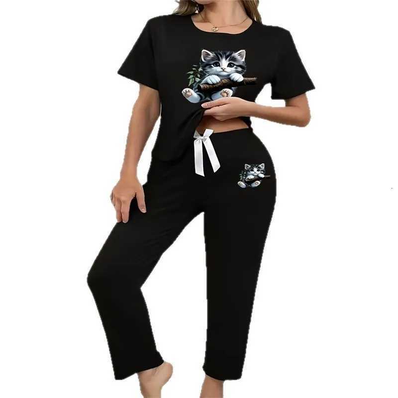 Women's Sleep Lounge Pyjamas Set for Women's Black Short Sleeve Printed Cat Trousers Student Loungewear Pullover Round Neck Girl Sleepwear H - view 3