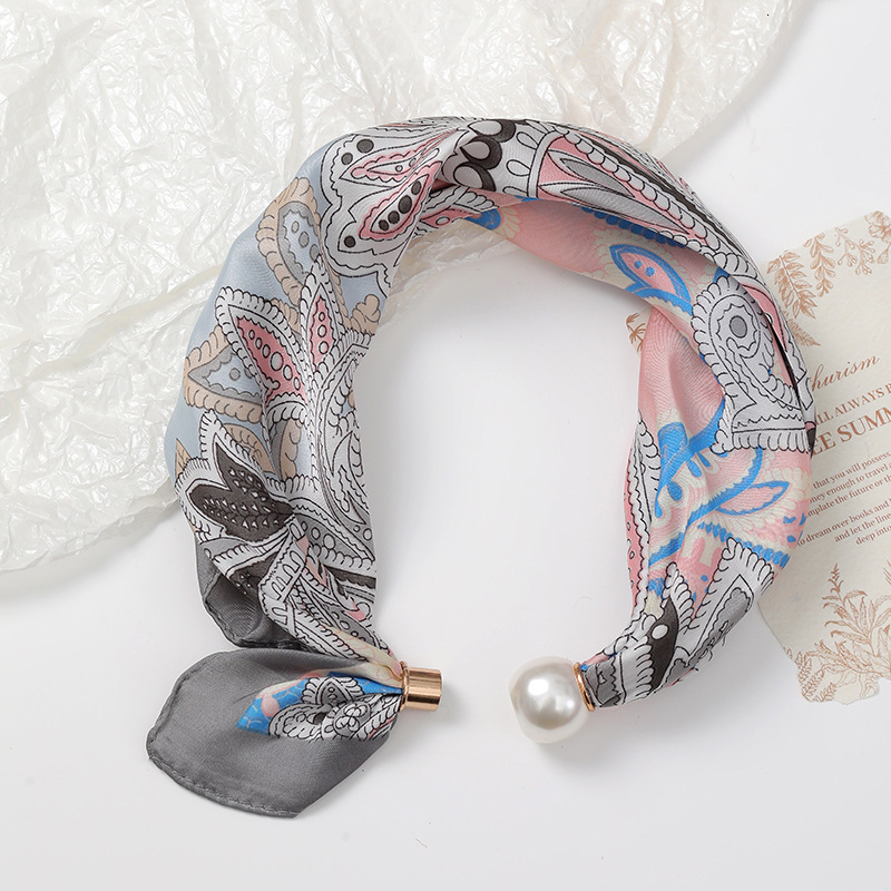 Designer Womens Small Satin Neck Scarf With Pearl Buckle Printed Square Scarves High Quality Neck Warmer Elegant Decorative Neck Band For Daily Bag - view 7