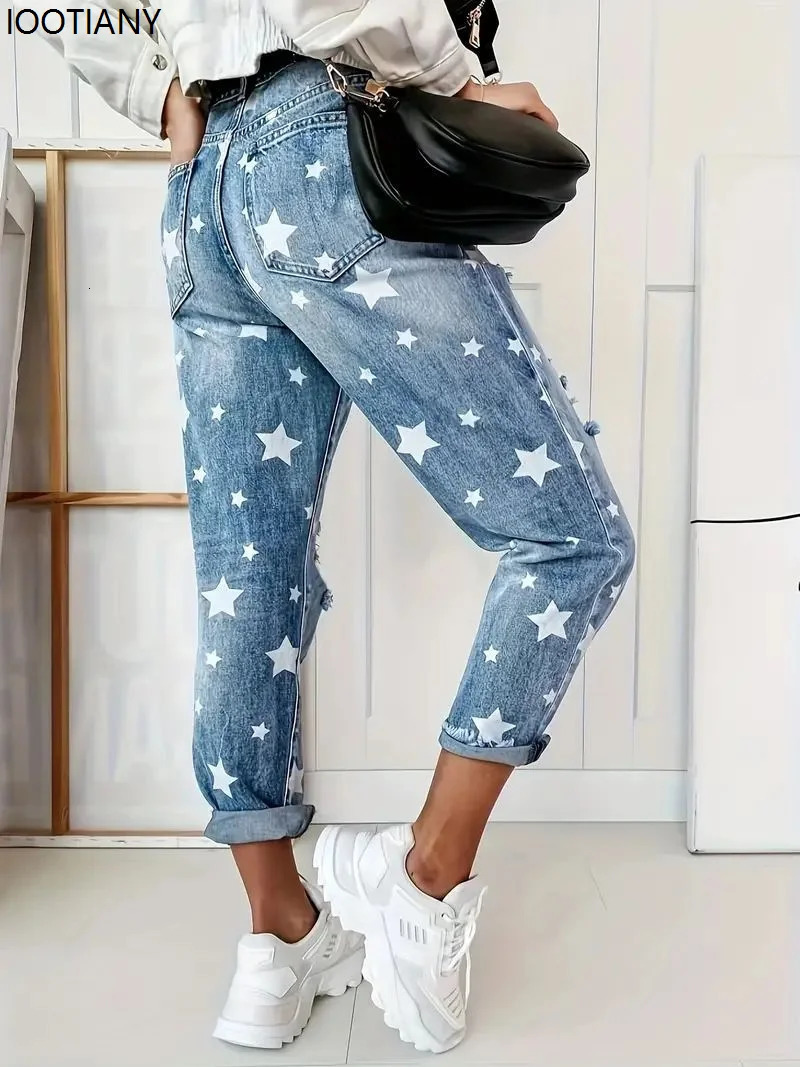 Boyfriend Jean's Slim Fit Ripped Fashion Fivepointed Star Street Casual Blue 2025 260910 - view 3