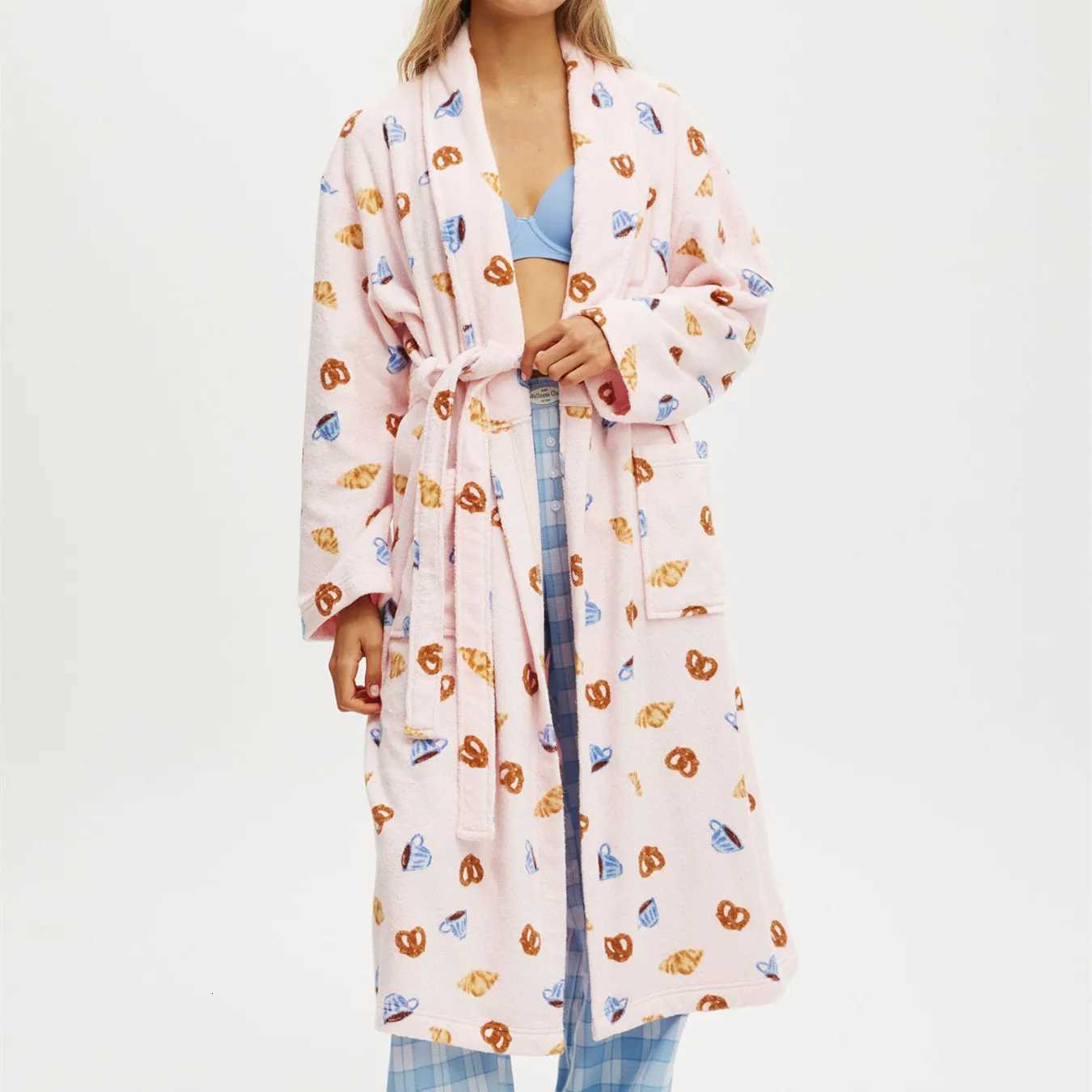Sleep Lounge Women's Women's Shawl Robe Loungewear Winter Fall Plush Striped Terry Cloth Bathrobe with Pocket Long Sleeve Knee Length Lounge - view 4