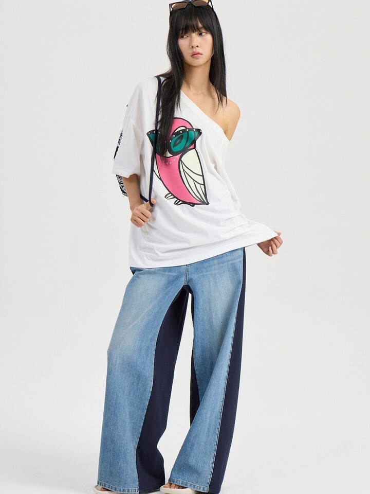 Selfwill Lucky Personality Fashionable Loose Wide Leg Jeans Color Block Front And Back Slimming High Waist Cotton Denim Pants - view 6
