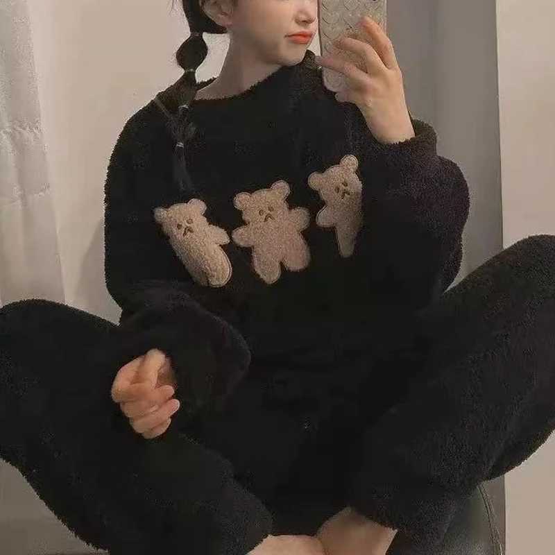 Women's Sleep Lounge 2pcs/Set Women's Pajamas Winter Facecloth Long-Sleeved Padded And Thickened Warm Student Pajamas Homewear Suit Bear Gir