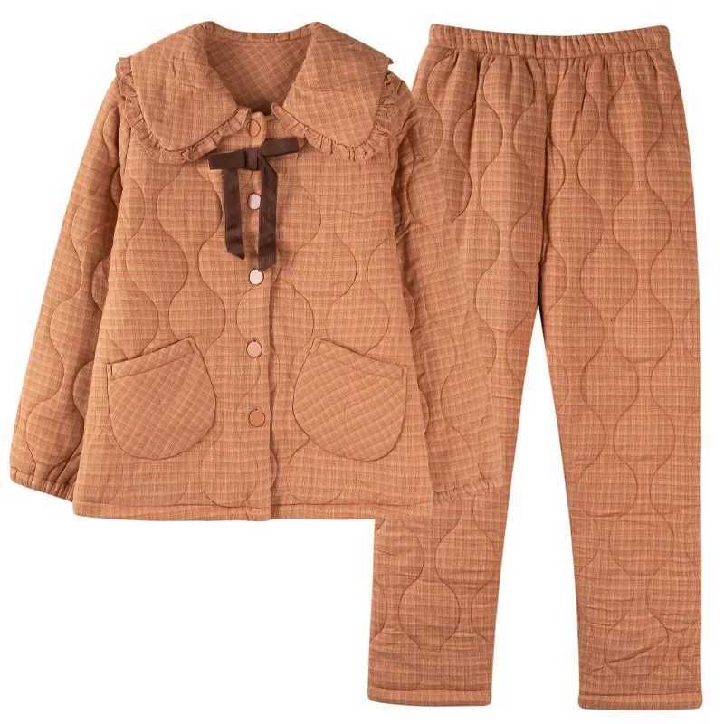 Sleep Lounge Women's Thickened Pure Cotton Flannel Sleepwear Women's Winter Home Clothes Set Plaid Three-Layer Quilted Woven Cotton Pyjamas  - view 6
