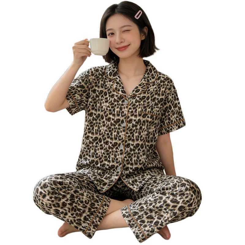 Women's Sleep Lounge Women's Summer Instagram-Style Leopard-Print Cloud-Patterned Cotton Pyjamas Short-Sleeved Top and Long Trousers Loungew - view 6