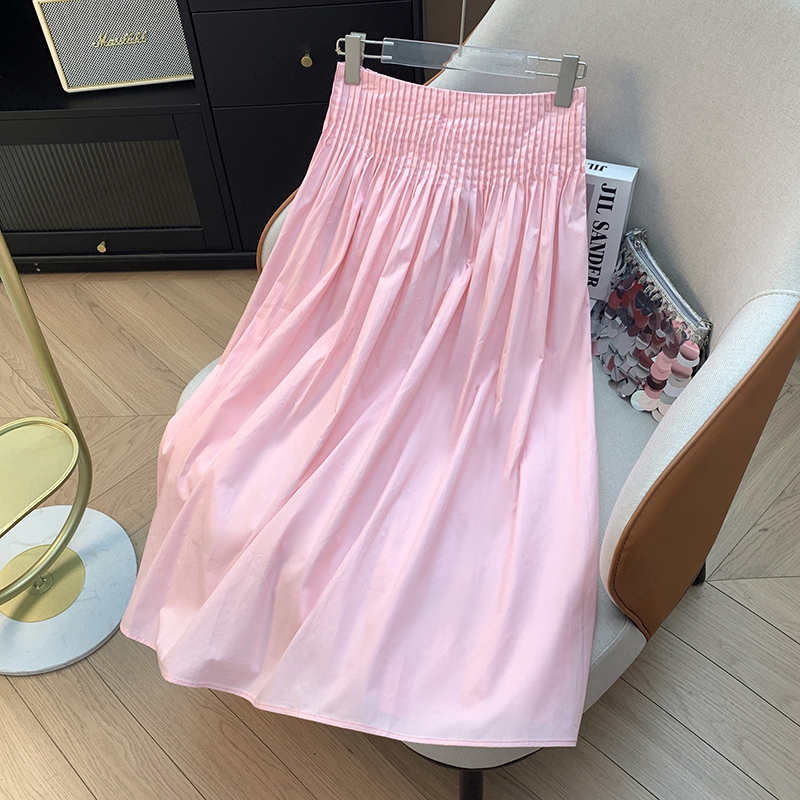 High A-Line Women's New Design Pink Pleated Slimming Midi Skirt Elastic Waist Commute Skin-Friendly Breathable