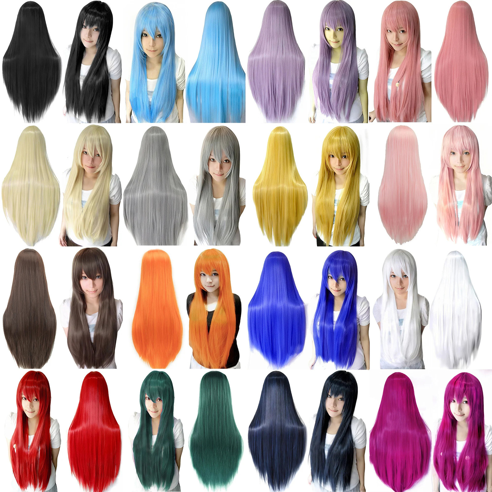 80cm Straight Synthetic Cosplay Wig White Purple Green Silver Pink Lolita Hairpiece with Bangs Long Wigs 260922