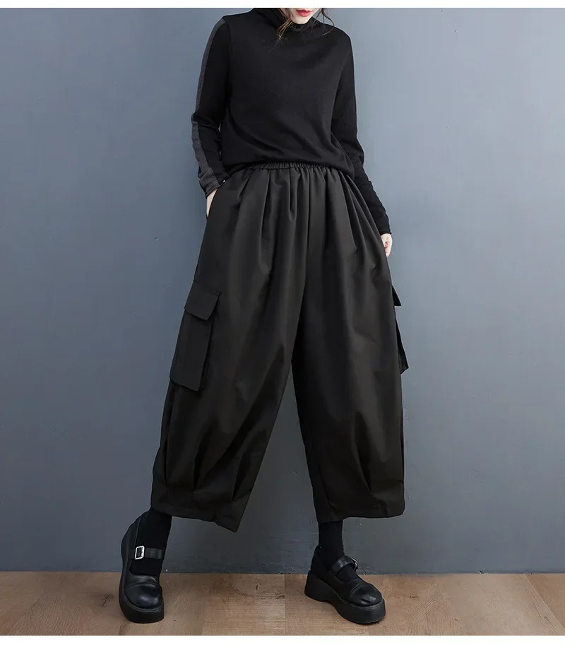 Spring Summer Black Vintage High Elastic Waist Oversized Cargo Pants Women Loose Casual Pocket Fashion Ladies Trousers 260928 - view 6
