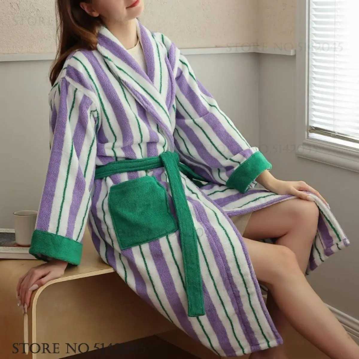 Sleep Lounge Women's Autumn Winter New Bathrobe Kimono Gown Cotton Terry Long Robe Home Dress Adult Couple Shower Robe Sleepwear Loose Lounge Wea - view 6