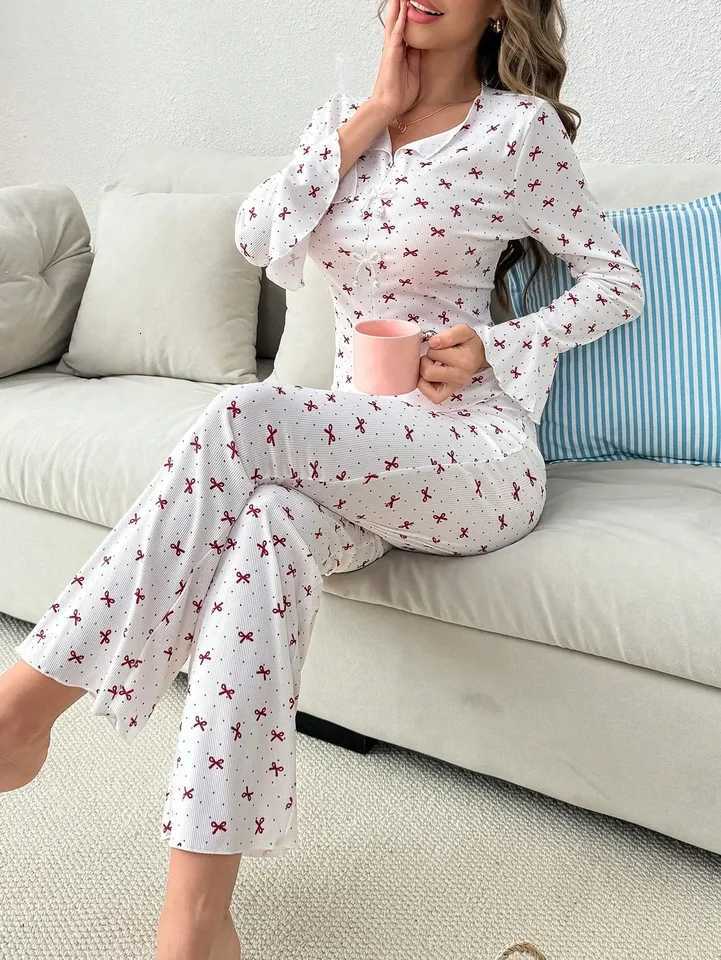 Women's Sleep Lounge Women's Ribbed Knit Pajama Set Long Sleeve Ruffle Cuff Bow Print Soft Loungewear H260924 - view 4