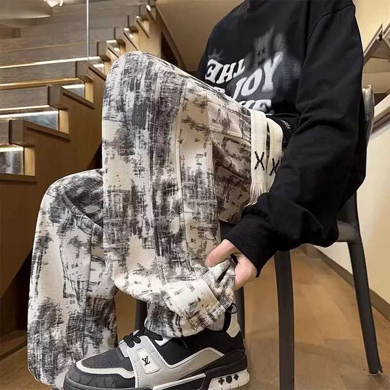 Men's Jeans Summer Men's Tie-dye Corduroy Straight-leg Pants Hip Hop Fashion Drawstring Baggy Trousers New Y2K Streetwear Gym Sweatpants H26 - view 5