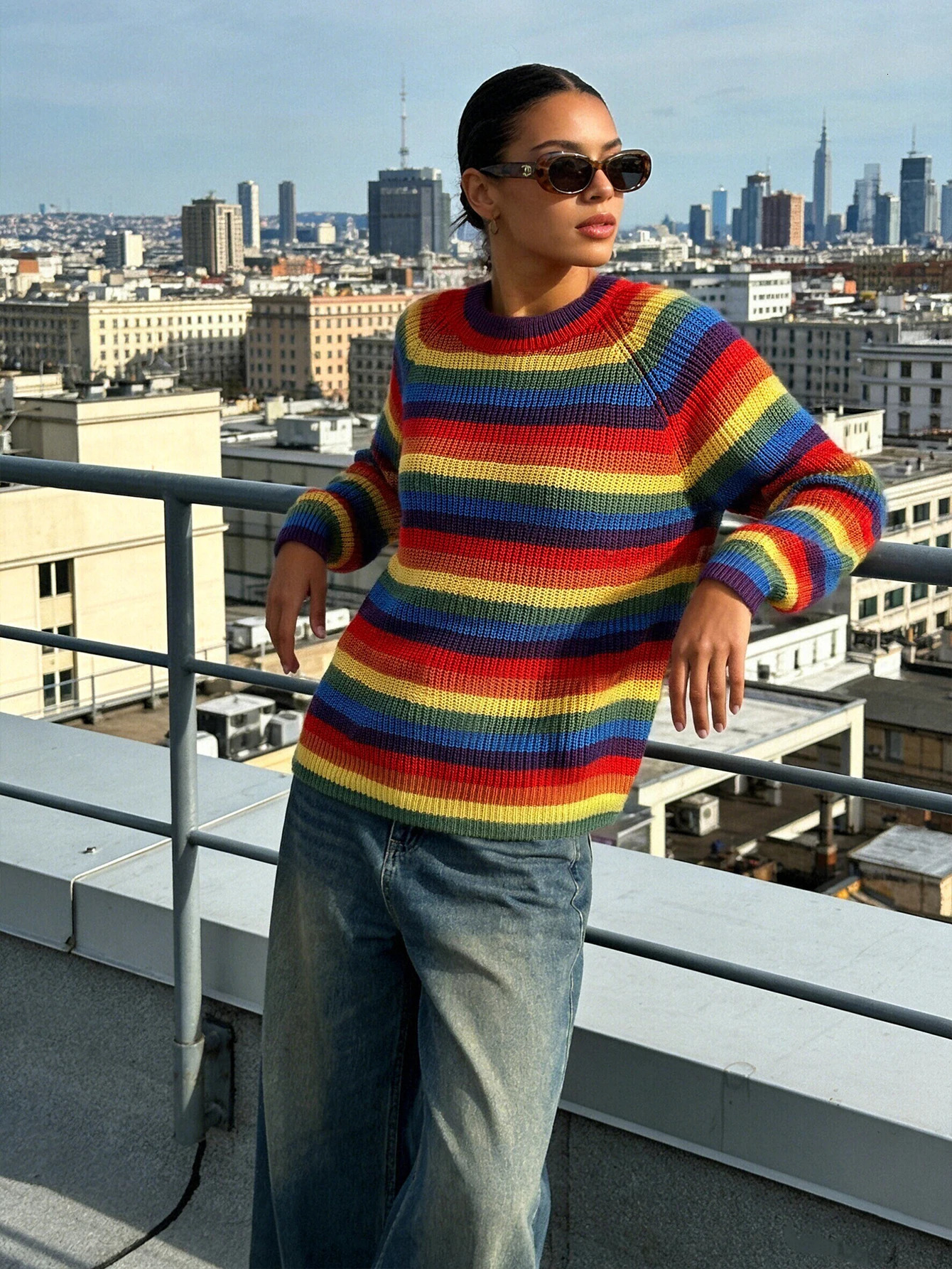 Women's Rainbow Striped Sweater Vintage Oversized Loose Knit Pullover Long Sleeve Casual Tops 260922 - view 7