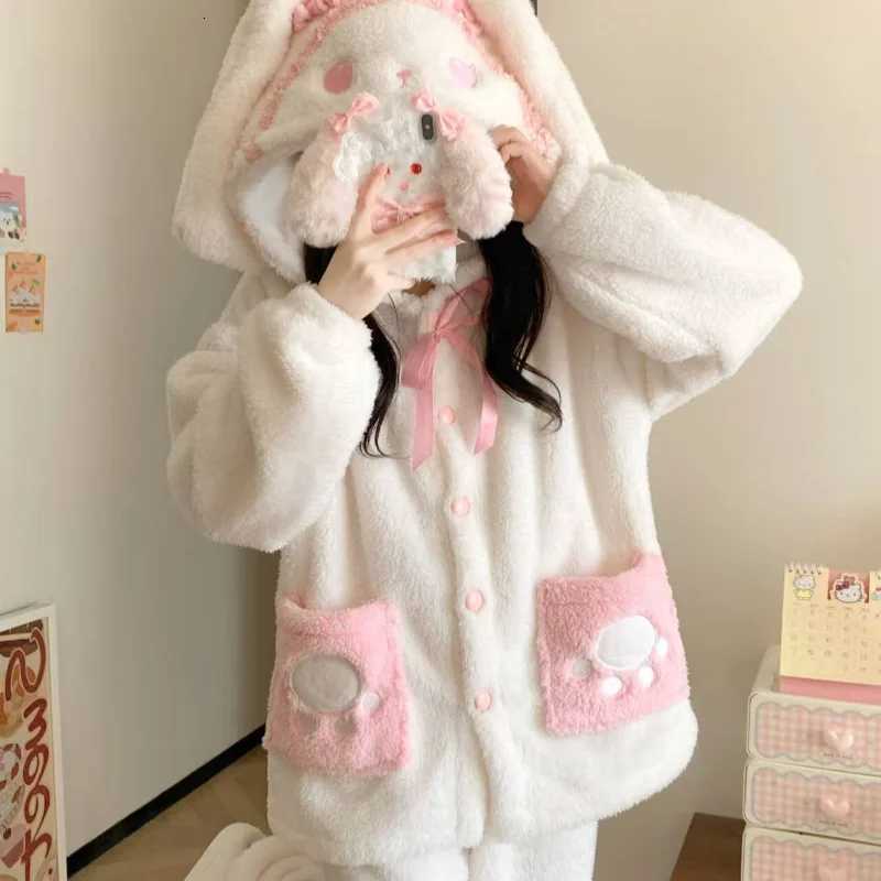 Lounge Women's Sleep New Winter Women's Pajamas Pants Sets Flannel Hooded Homewear 2Pcs Kawaii Rabbit Coral Fleece Outdoors Home Clothes War - view 5