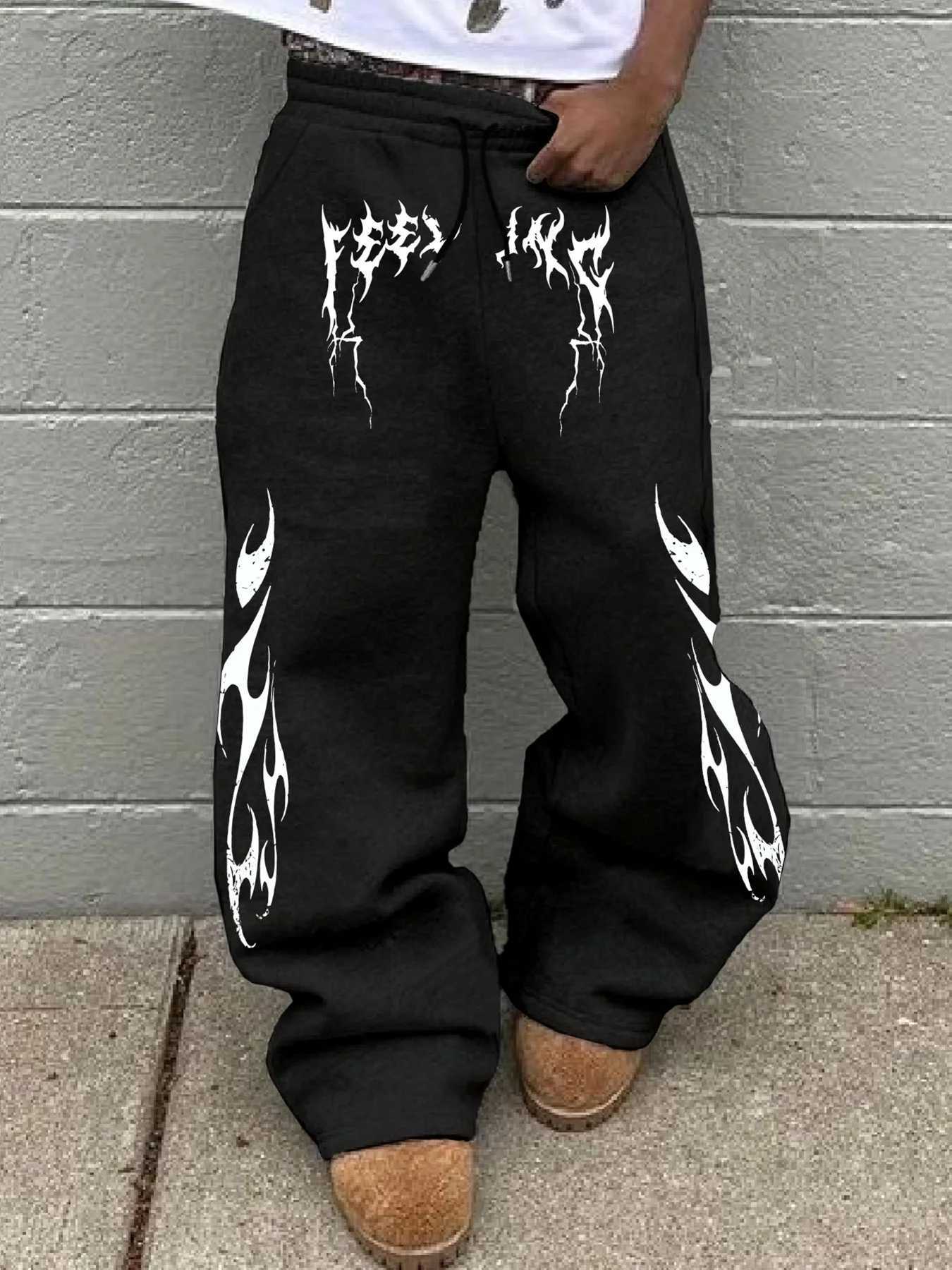 Men's Pants Men Flame Letter Print Straight Pants Polyester Casual dr1 Joggers Hip Hop Streetwear Baggy Trousers Daily Wear S-3XL D260924