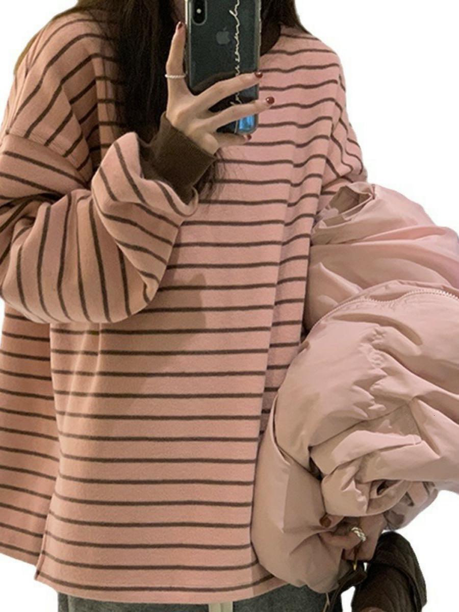 Pink Striped Long Sleeve Loose Fit Thin round Neck T-Shirt Women's Autumn New Commute Style Other Material 100% - view 6